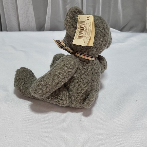 Vintage 9" Russ Teddy Bear Stuffed Plush “Frizzlin” Grey Fleece w. Checkered Bow - Picture 3 of 9
